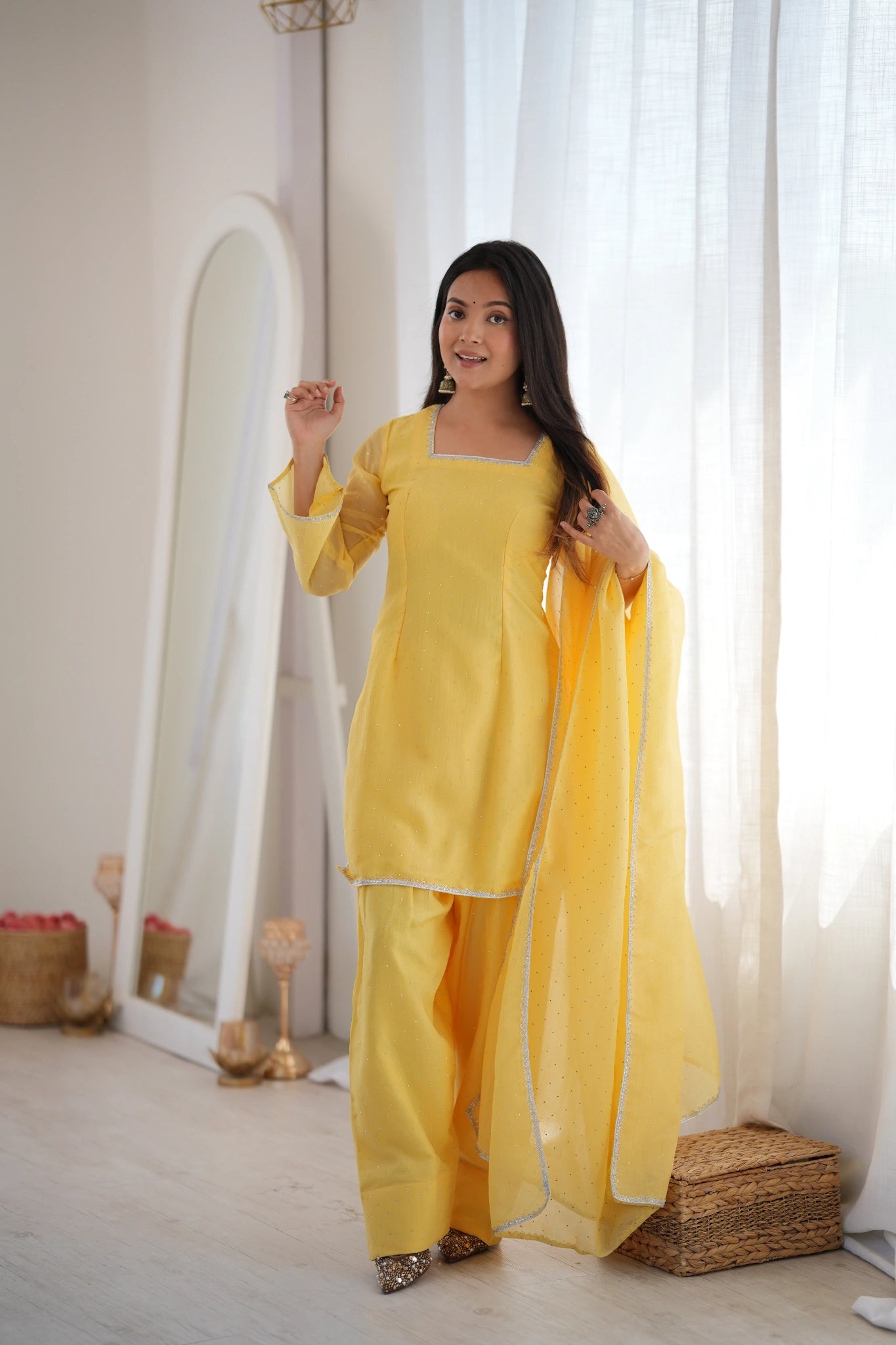Yellow Swarovski diamond work suit - model with dupatta